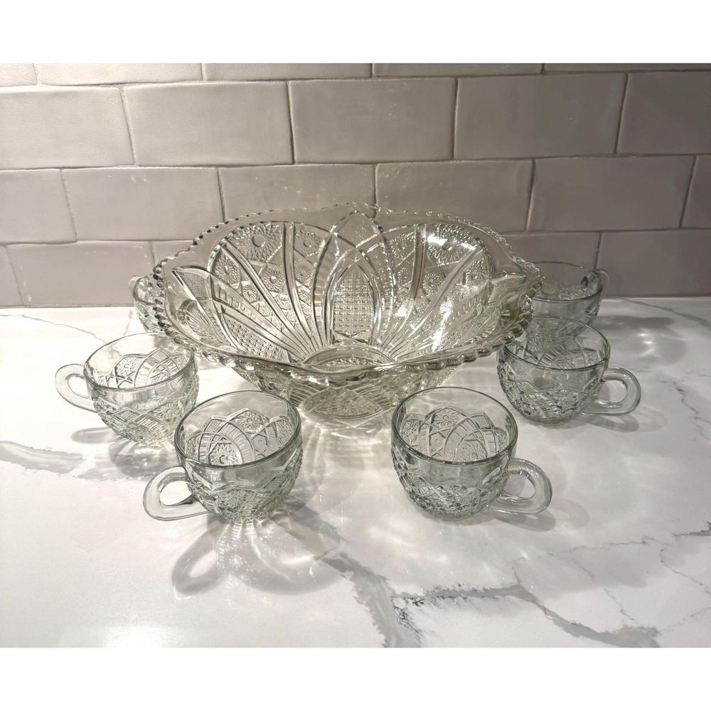 Vintage Indiana Glass Paneled Daisy & Fine Cut Clear Punch Bowl Set | EAPG